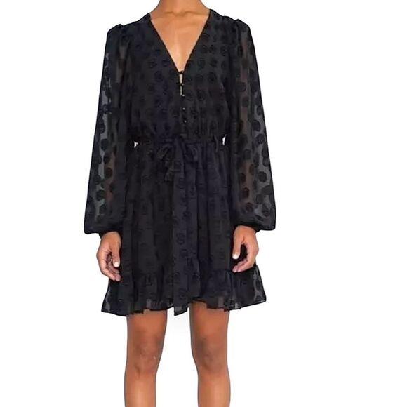 Le Superbe Women’s V-Neck Chiffon Mini Dress Black Size 10 Semi Sheer‎ Ruffle - Picture 1 of 12